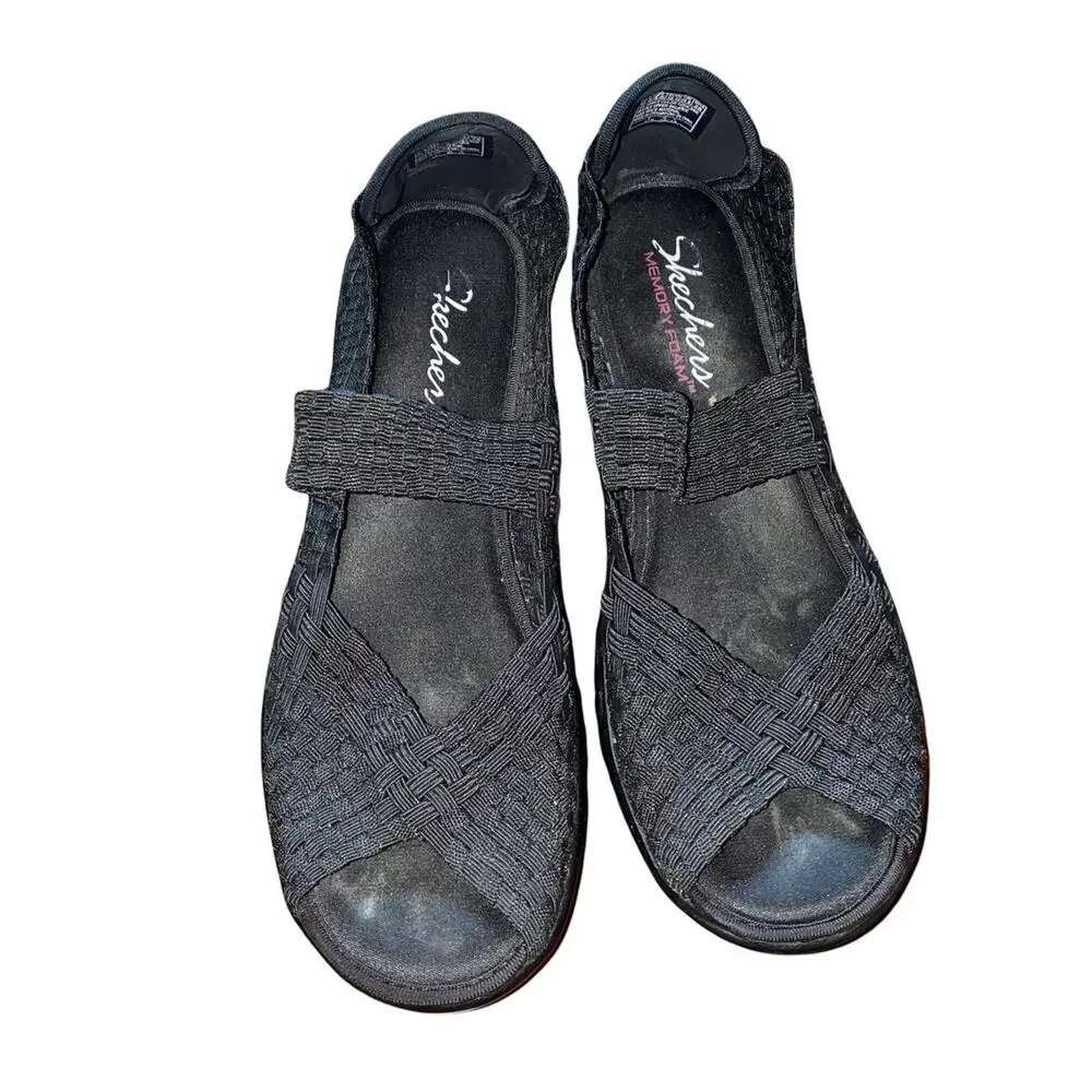 Skechers Walking Platform Slip on Mary Jane Open Toe Shoes Black size 8.5